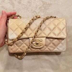 Chanel Mini Classic Rectangular Flap Iridescent Gold Ombre Chevre Aged GHW